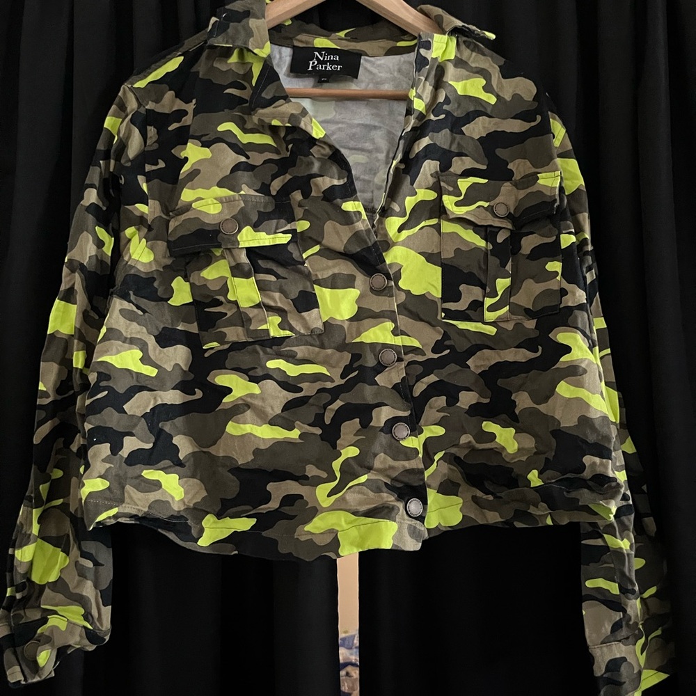 Nina Parker Neon Green Camo Cropped Jacket